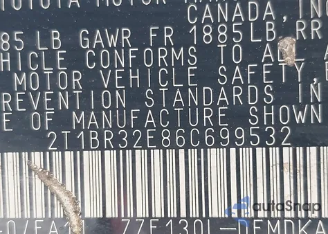 2006 Toyota Corolla Ce from USA, damaged, VIN 2T1BR32E86C699532